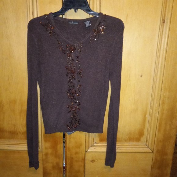 Moda International Chocolate Brown Button-Down Beaded Sweater Size XS (T-335) - Picture 1 of 8